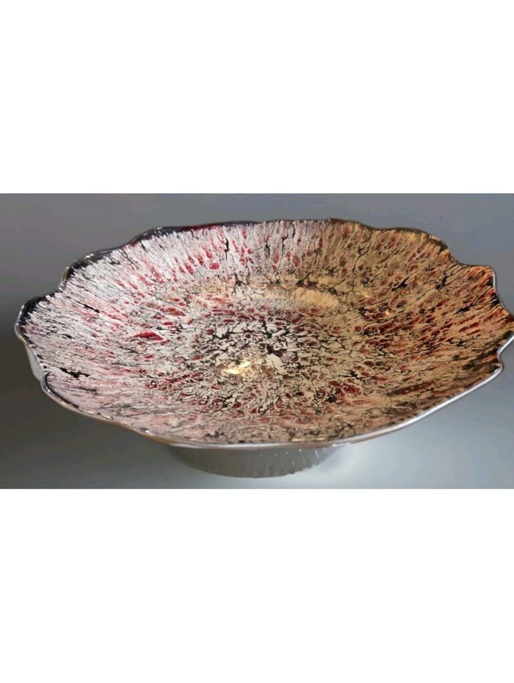Art Pottery Red Black & Cream Lava Glaze Stoneware Round 12" Dish Glossy
